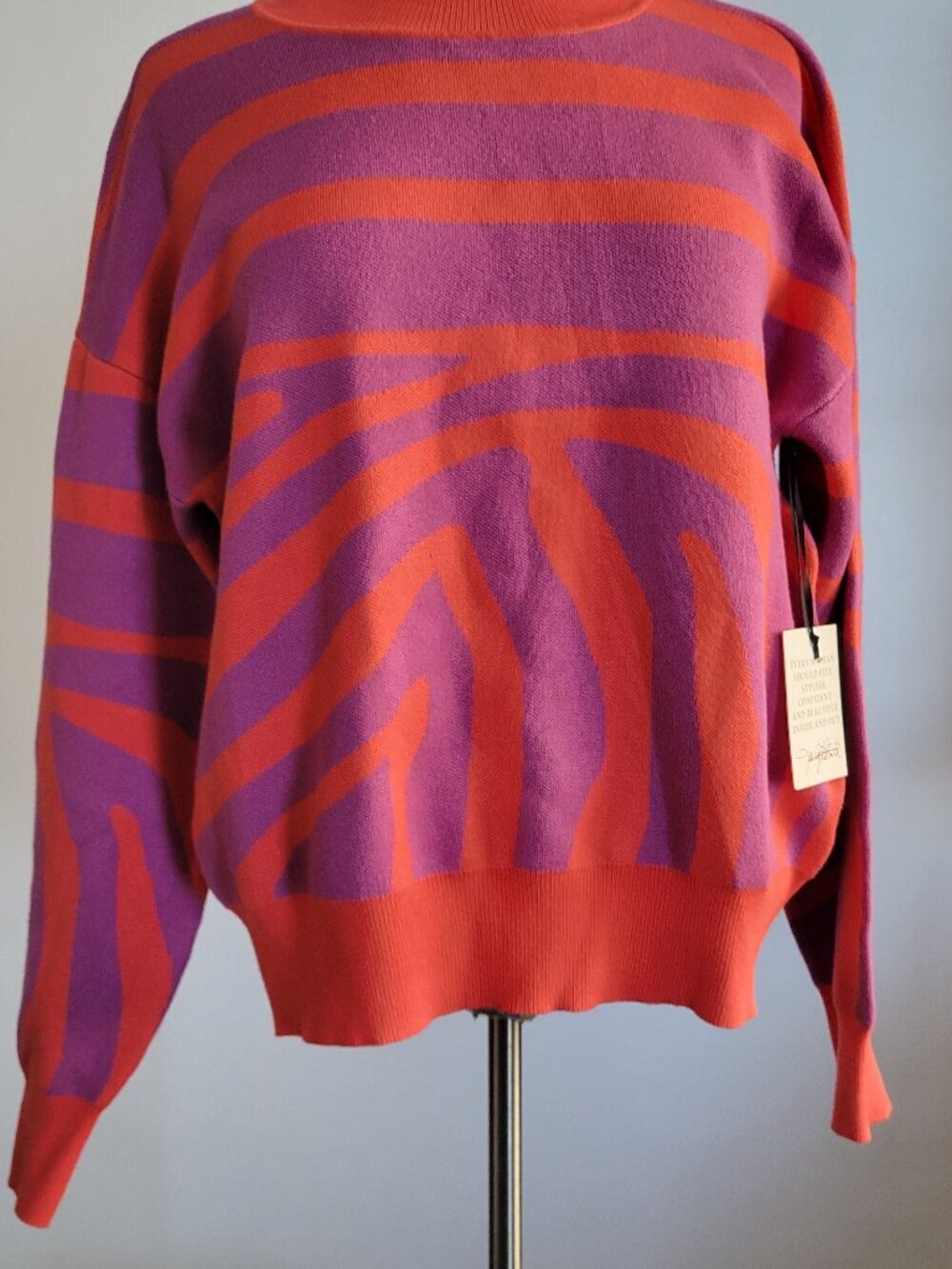 Jaclyn Smith Bold Zebra Stripe Sweater Large Purple Orange Crewneck NWT